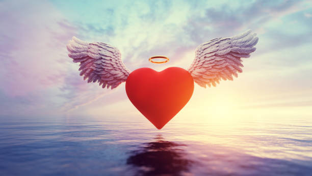 海に浮かぶハートと天使の羽